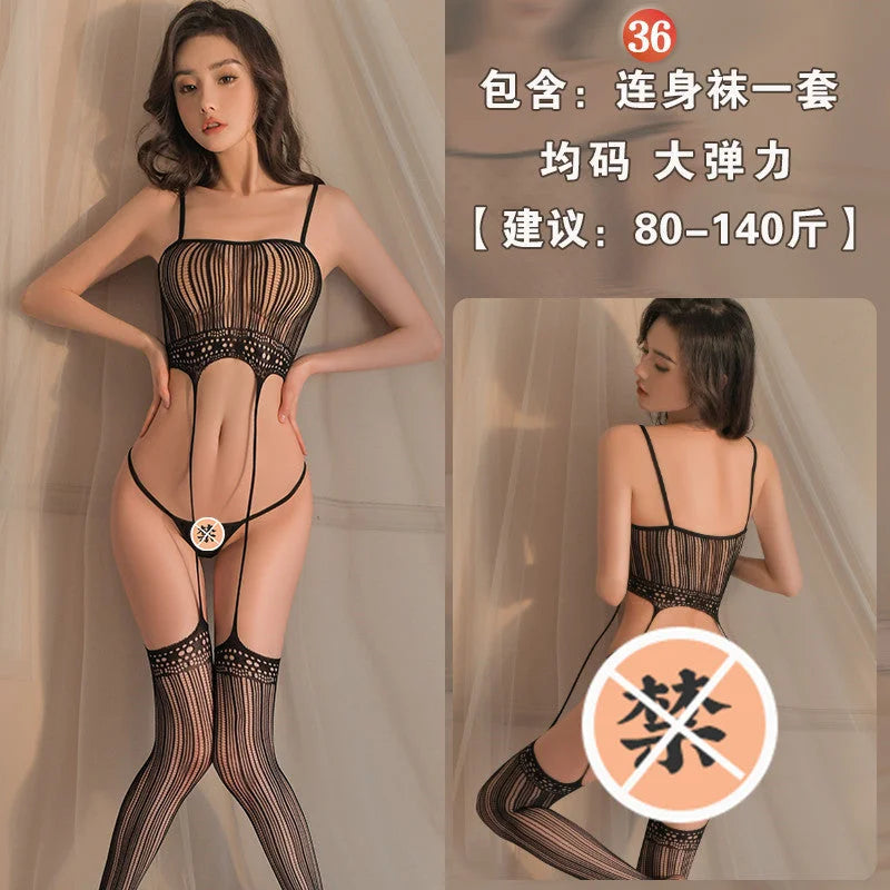 transparent sheer open crotch teddy bodysuit with black stockings & sheer mesh