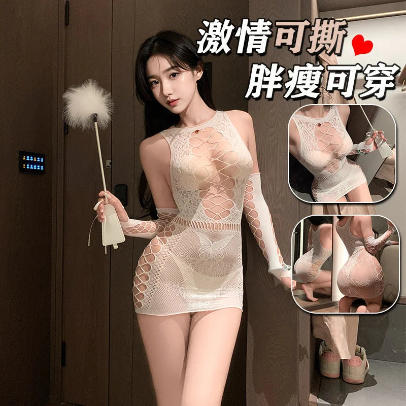 Pure Seductive Pure Desire Open Crotch Net Bodysuit Black Stockings Lingerie