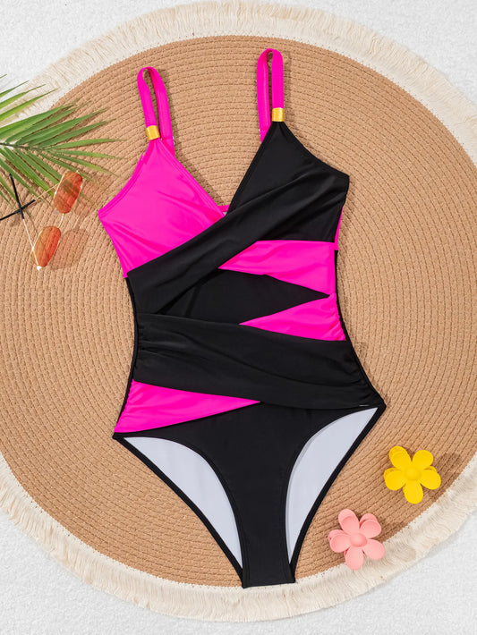 Black Purple Contrast V-Neck Tummy Control One Piece Swimsuit