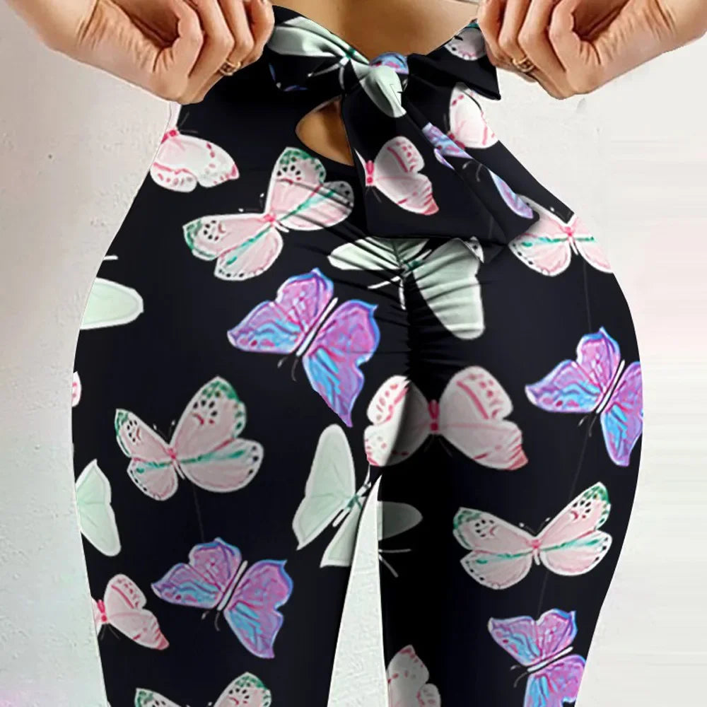 High Waist Butterfly Print Yoga Leggings with Bow Detail - Butt Lift Fitness Pants