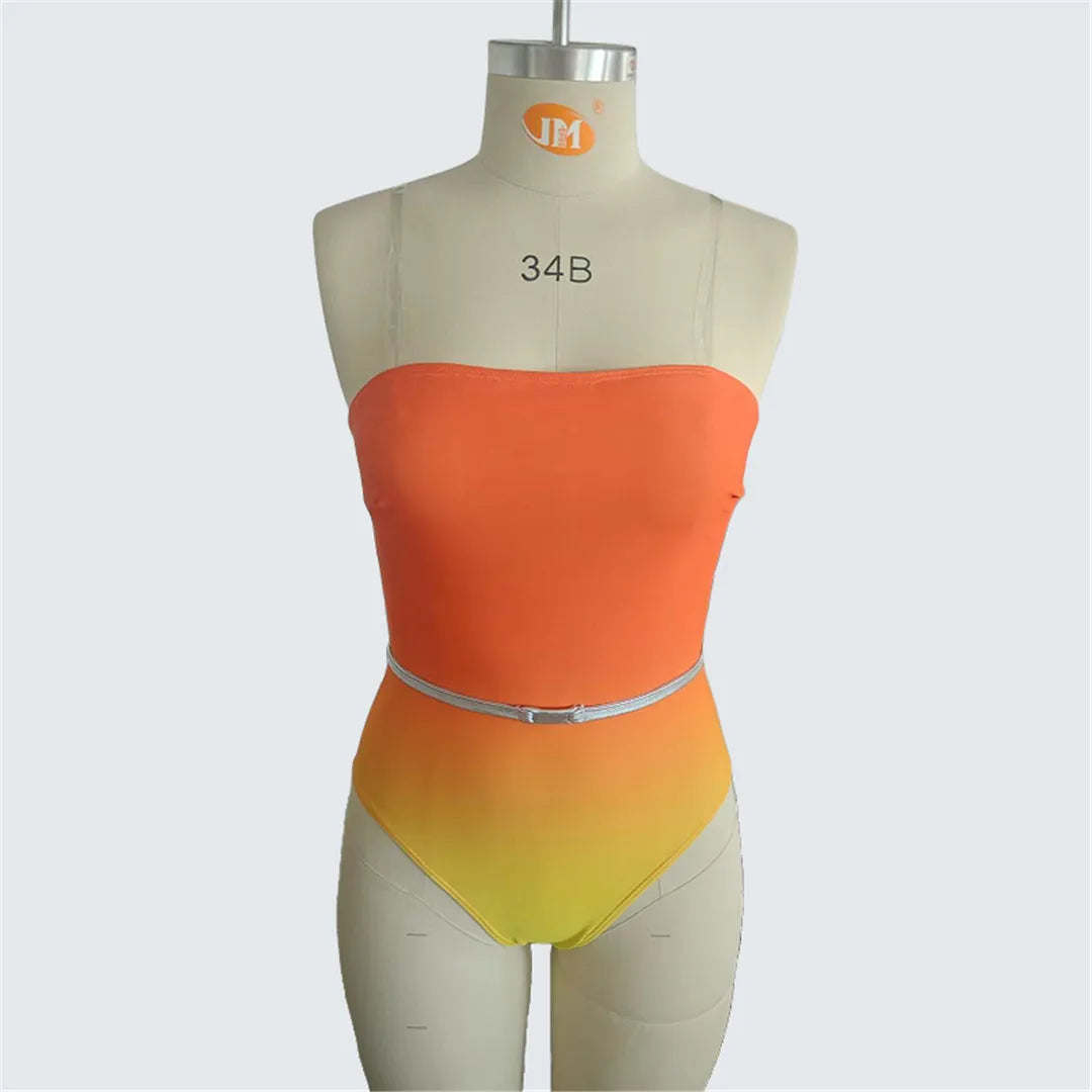 Bandeau Gradient One Piece Swimsuit with Belt - S-XXL