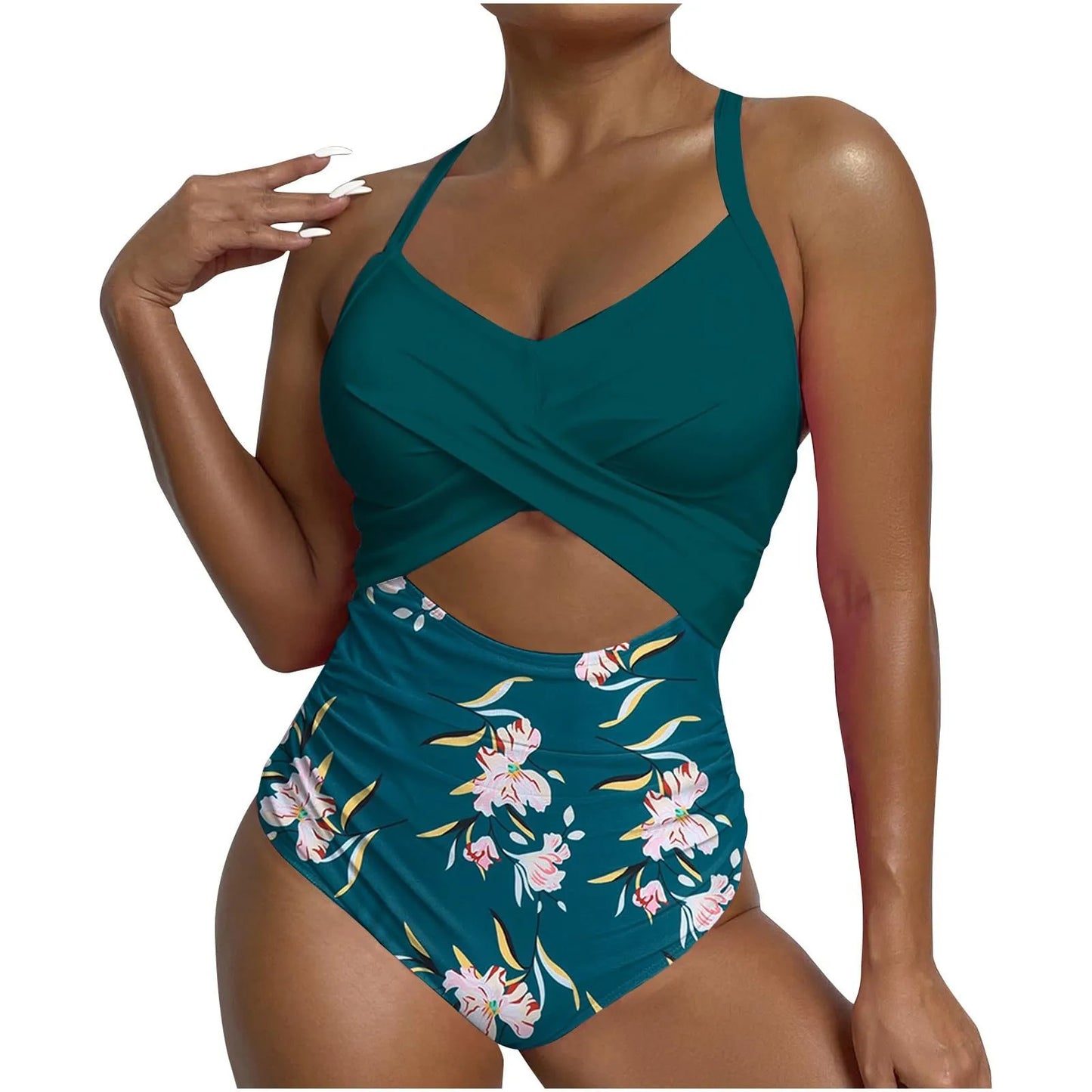 Sexy One Piece Swimsuit with Cut Out Cross Detail High Waist V-Neck Bathing Suit