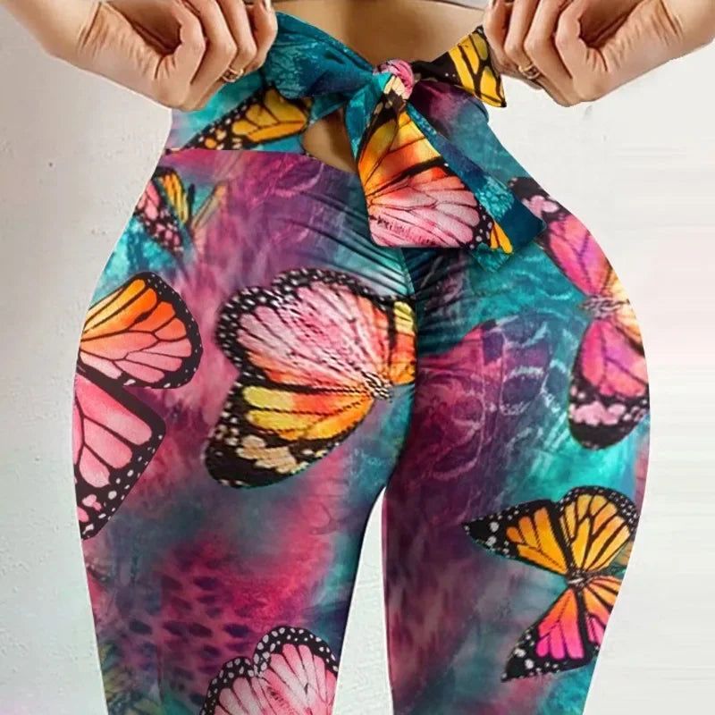 High Waist Butterfly Print Yoga Leggings with Bow Detail - Butt Lift Fitness Pants