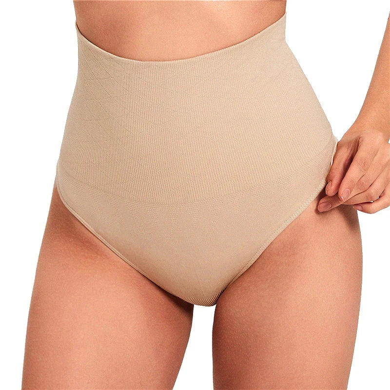 High Waist Tummy Control Thong Shaper Panties - Black & Skin