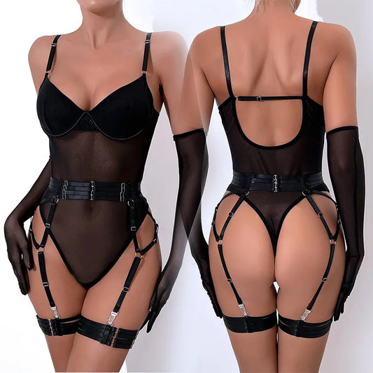 Black Tight Fitting Lace Bodysuit See Through sexy lingerie erotic woman Body With Gloves Garter Outfit Sissy baby doll Bra Set