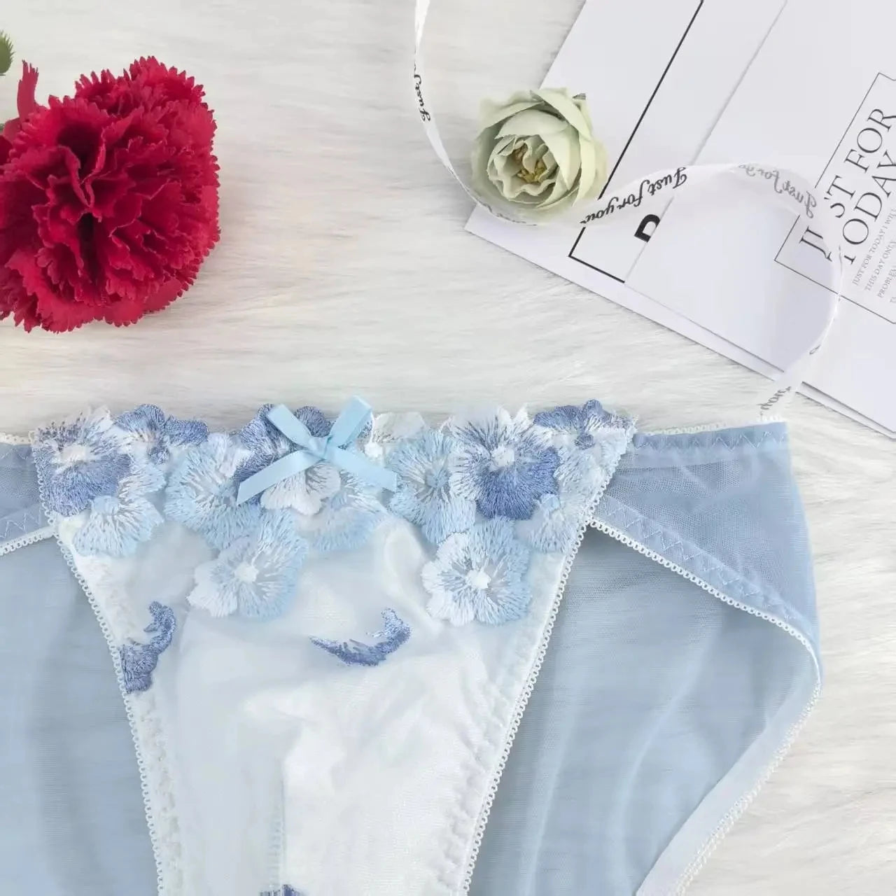 Floral Embroidered Lace Briefs Panties - Pink & Sky Blue