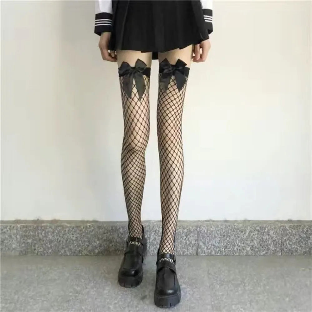 1 Pair Pure Desire Fishnet Stockings Pink Bow Tie Contrasting Color Knee High Stockings Large Mesh Long Tube Stockings for Women