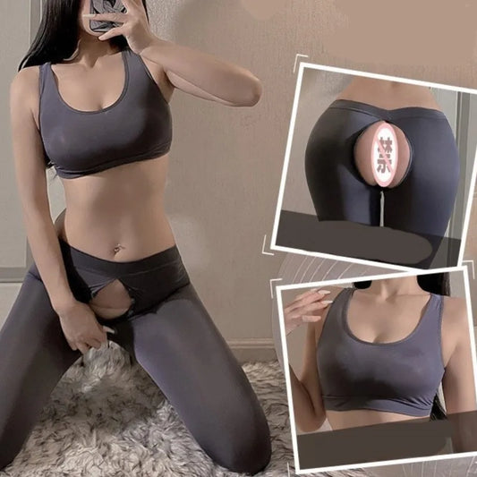 Summer Women's Crop Top Open range sports pants no need to take off couple flirting yoga pants sexy Tank Tops sweat pants Set