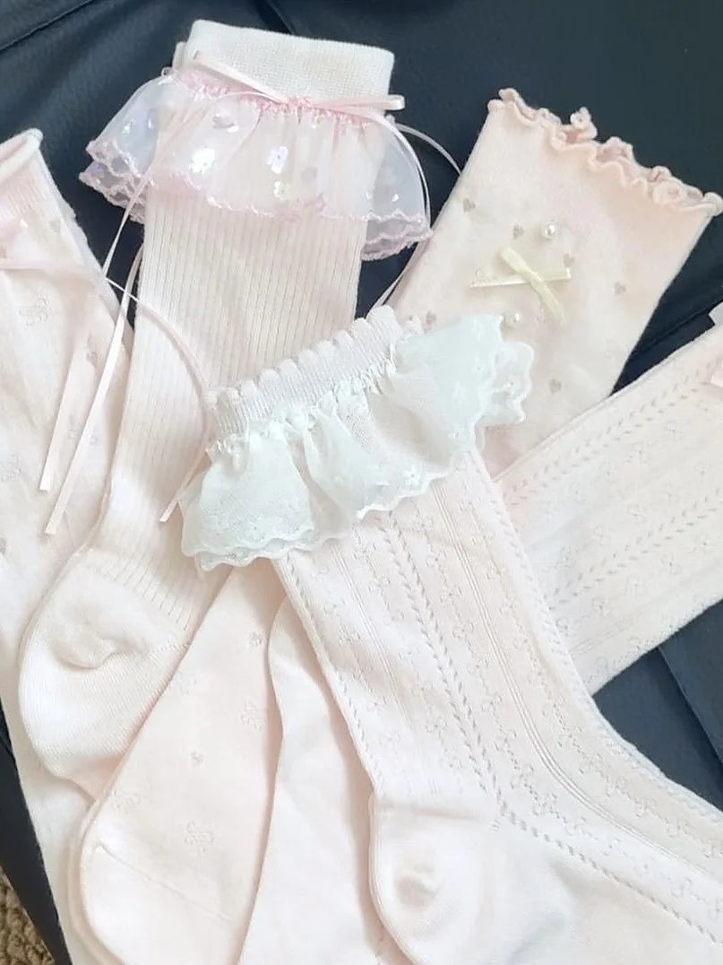 Pink Lace Bow Ruffle Socks - Cute Frilly Knee High Stockings