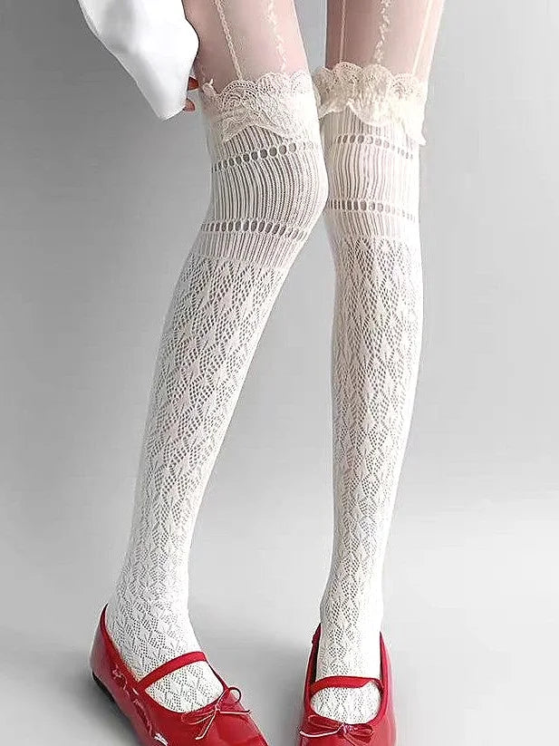Lace Trim Diamond Pattern Over-the-Knee Socks for Women