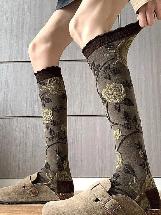 French Vintage Rose Embroidered Knee High Socks in Coffee