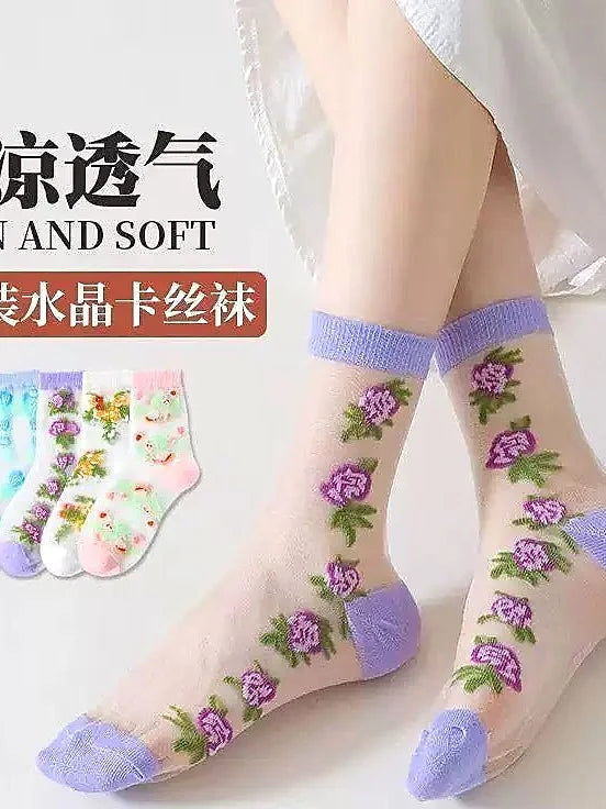 Sheer Floral Mid Calf Socks Women Breathable Crystal Silk Cute Summer