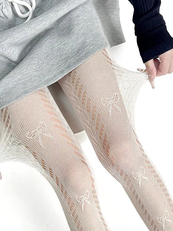 Sheer Bow Lace Tights - Butterfly Pattern Pantyhose for Women