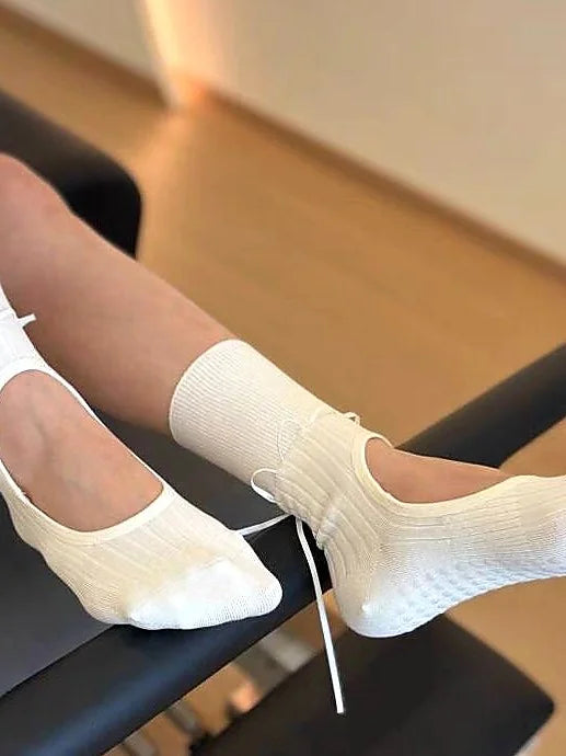 Anti-Slip Pilates Socks with Ribbon Ties - Mid Calf Grip Socks