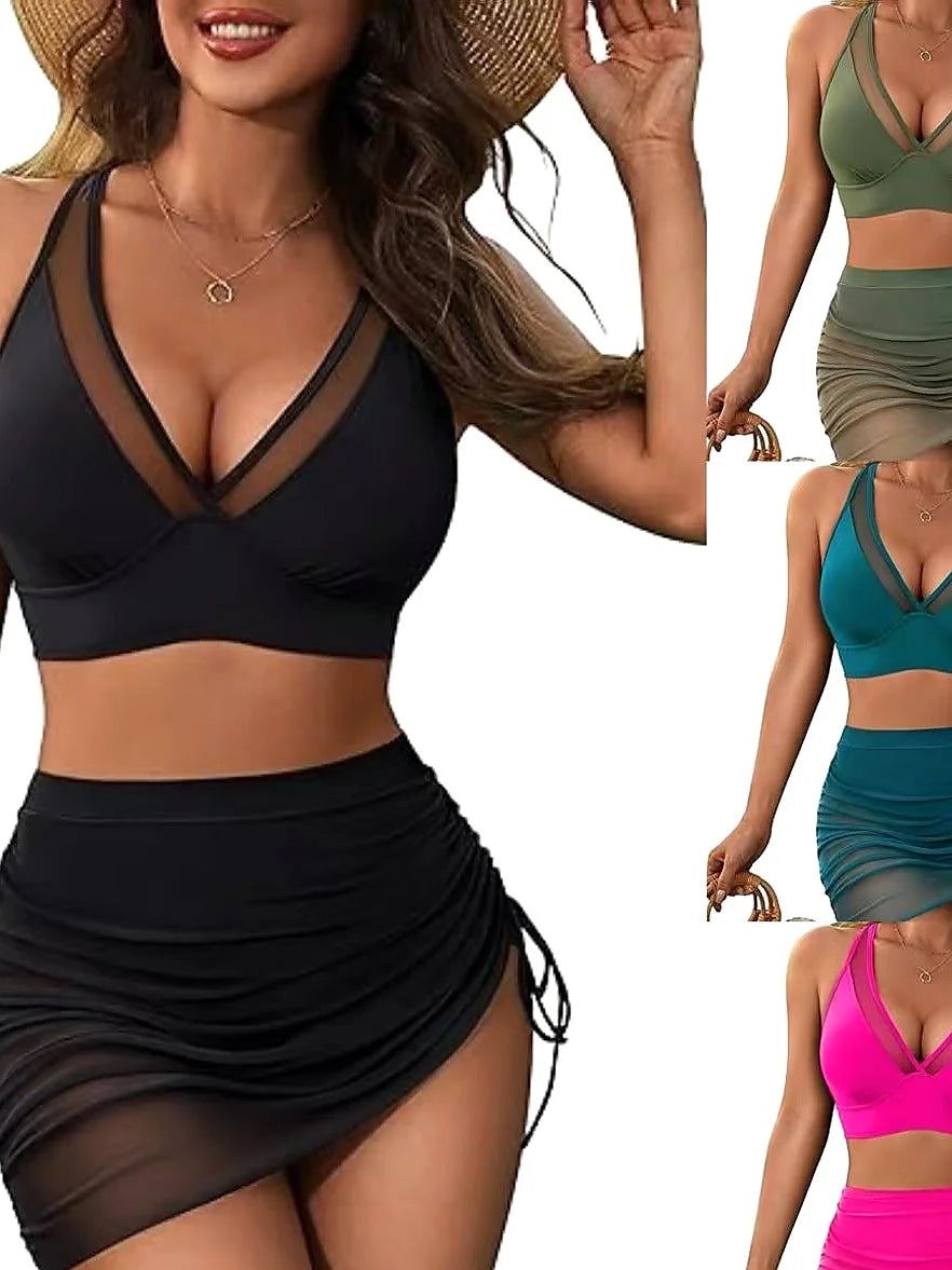 Sexy Sheer Mesh Bikini with Adjustable Ties and Ruched Skirt
