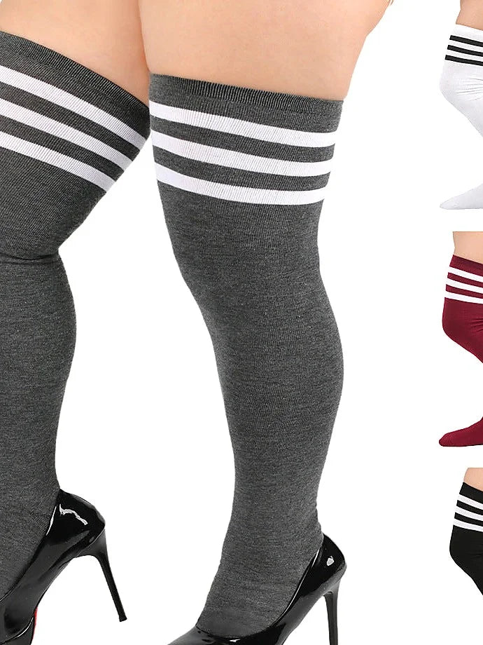 Plus Size Thigh High Socks with Stripes - Wide Calf Over Knee Stockings