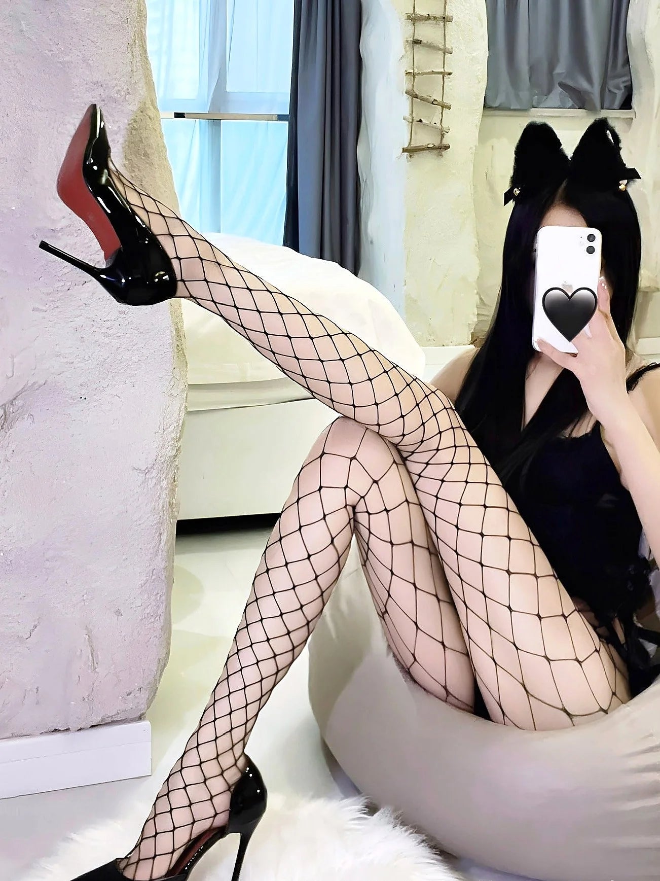 Sexy Black Fishnet Open-Crotch Suspender Stockings