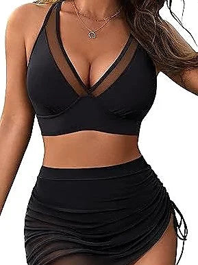 Sexy Sheer Mesh Bikini with Adjustable Ties and Ruched Skirt