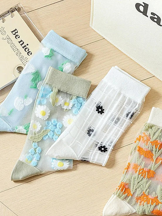 Sheer Floral Mid-Calf Socks Summer Sheer Glass Silk Hosiery