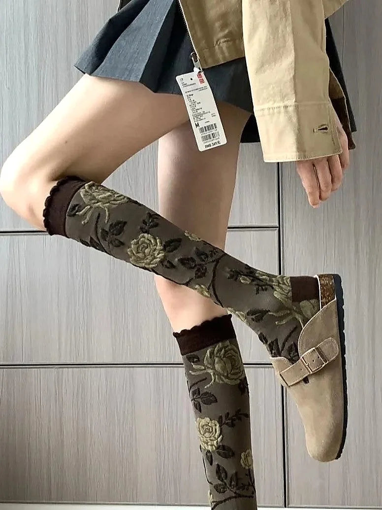 French Vintage Rose Embroidered Knee High Socks in Coffee