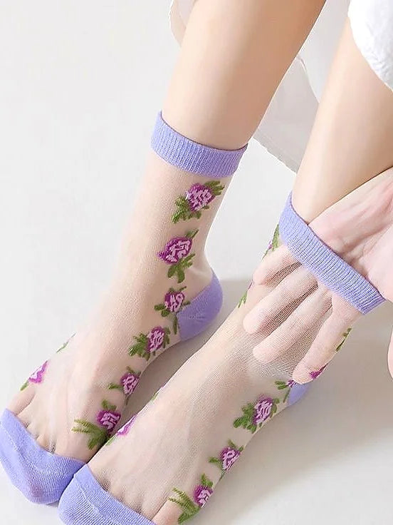 Sheer Floral Mid Calf Socks Women Breathable Crystal Silk Cute Summer