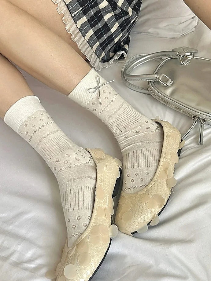 Women's Bow Mesh Mid Calf Socks Cute Japanese Style Summer Ankle Socks