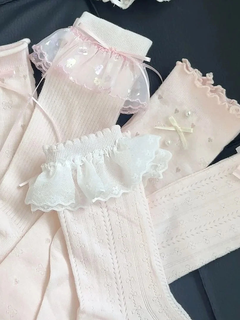 Pink Lace Bow Ruffle Socks - Cute Frilly Knee High Stockings