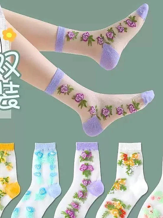 Sheer Floral Mid Calf Socks Women Breathable Crystal Silk Cute Summer