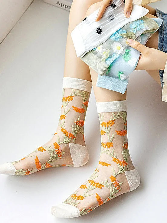 Sheer Floral Mid-Calf Socks Summer Sheer Glass Silk Hosiery