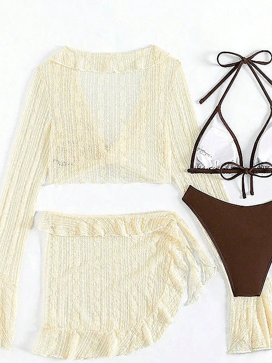 Ivory white crochet knit two-piece bikini set with sheer long-sleeve cover-up