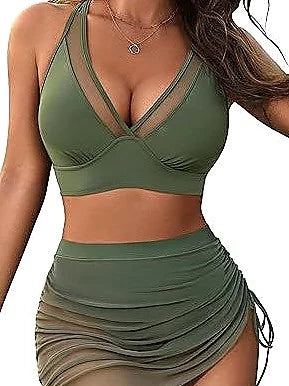 Sexy Sheer Mesh Bikini with Adjustable Ties and Ruched Skirt