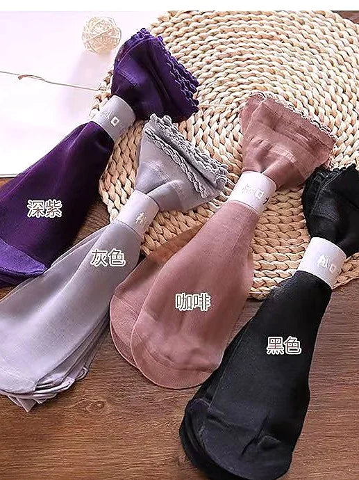 Ultra Sheer Thin Summer Stockings for Women - Ruffled Edge Ice Silk Socks