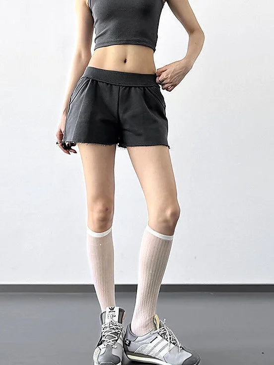 High Waisted Athletic Shorts Grey Black - Comfortable Summer Hot Pants