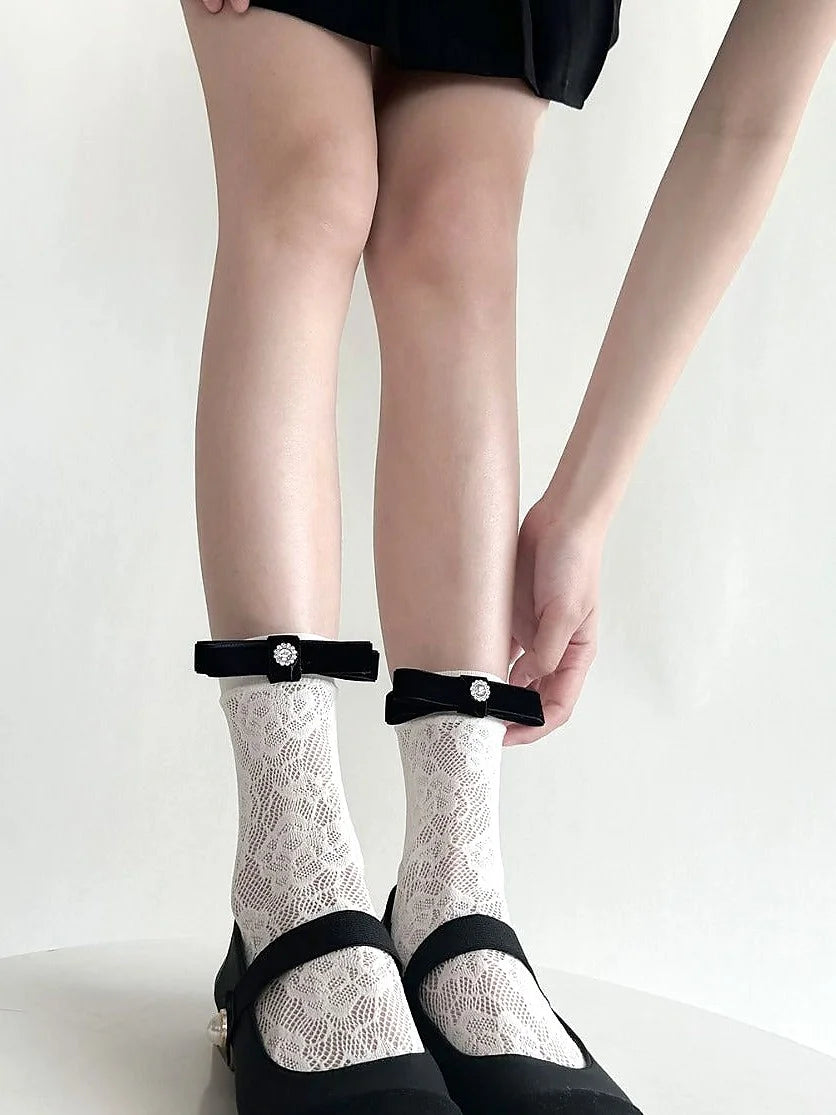 Lace Ankle Socks with Bow Detail - Cream and Black