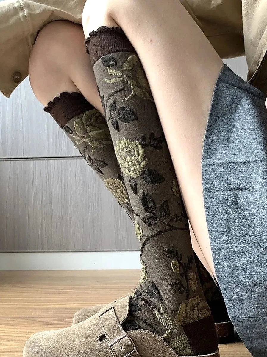French Vintage Rose Embroidered Knee High Socks in Coffee