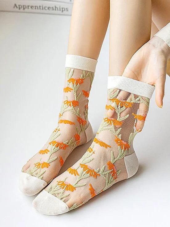 Sheer Floral Mid-Calf Socks Summer Sheer Glass Silk Hosiery