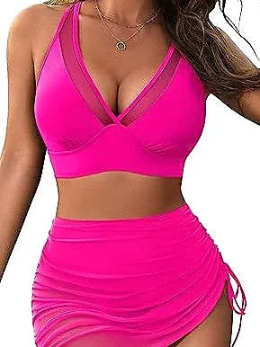 Sexy Sheer Mesh Bikini with Adjustable Ties and Ruched Skirt
