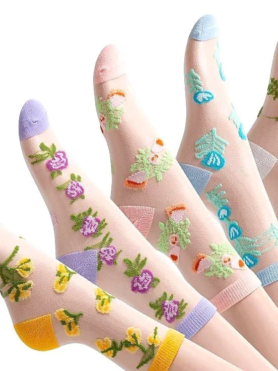 Sheer Floral Mid Calf Socks Women Breathable Crystal Silk Cute Summer
