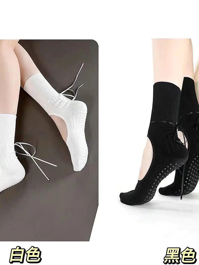 Anti-Slip Pilates Socks with Ribbon Ties - Mid Calf Grip Socks