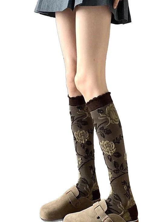 French Vintage Rose Embroidered Knee High Socks in Coffee