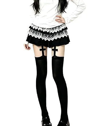 Lace Thigh High Stockings with Garter Belt - Black & White
