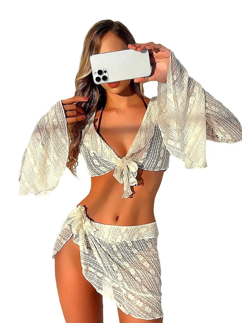Ivory white crochet knit two-piece bikini set with sheer long-sleeve cover-up