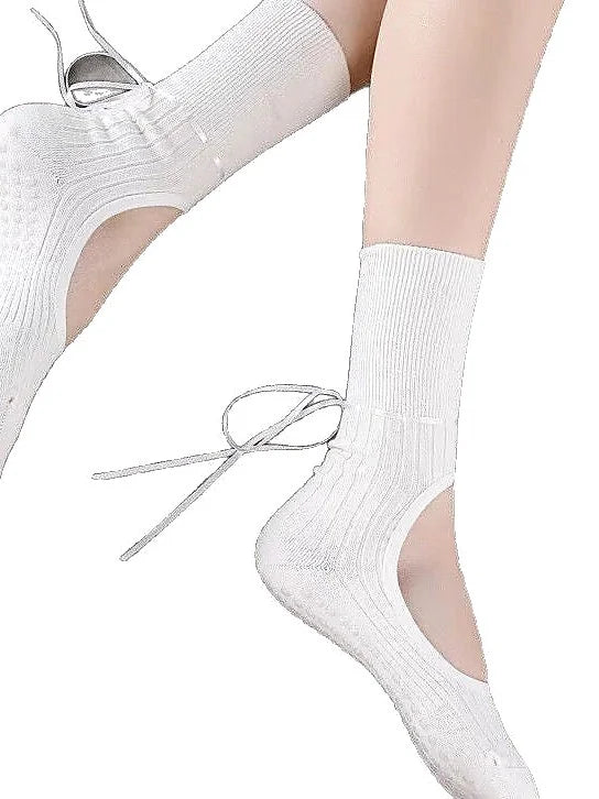 Anti-Slip Pilates Socks with Ribbon Ties - Mid Calf Grip Socks
