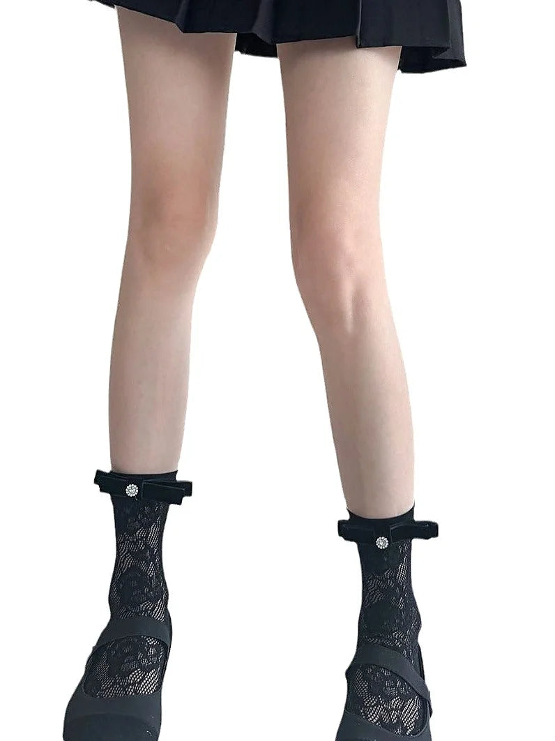 Lace Ankle Socks with Bow Detail - Cream and Black
