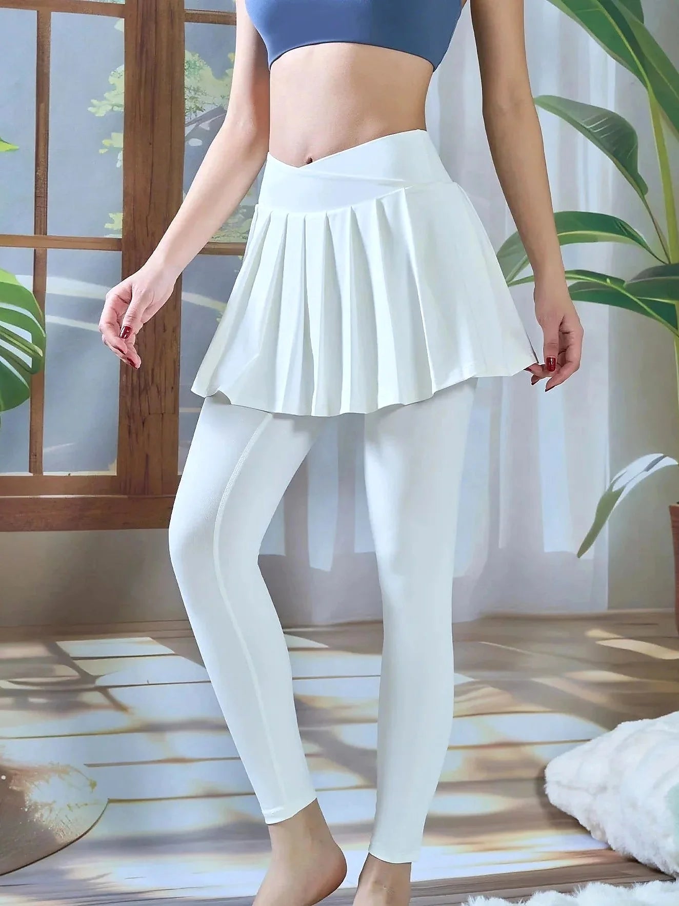 High Waisted Pleated Yoga Skirt Leggings - Anti-Chafe Quick Dry