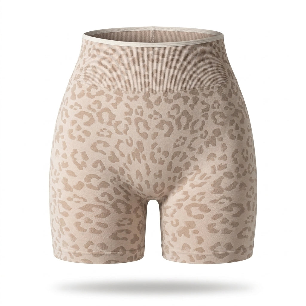 Leopard Print Nylon-Spandex High-Waist Peach Lift Yoga Shorts