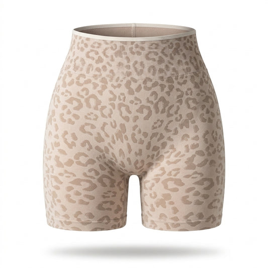 Leopard Print Nylon-Spandex High-Waist Peach Lift Yoga Shorts