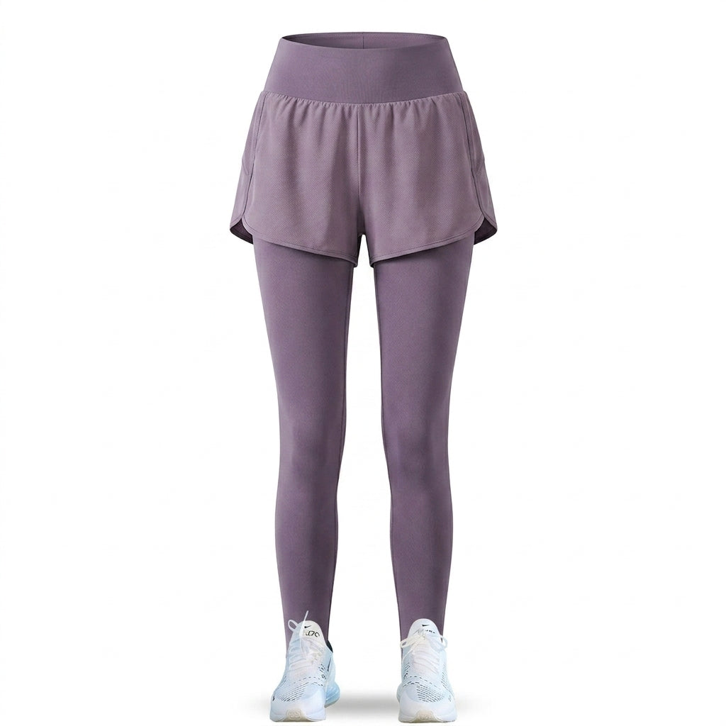 High-Waist Fake Two-Piece Yoga Leggings Zip Pockets