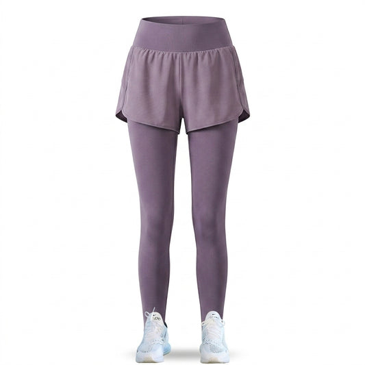 High-Waist Fake Two-Piece Yoga Leggings Zip Pockets