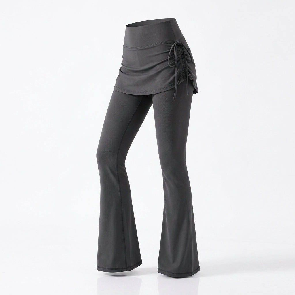 High-Waist Faux Two-Piece Flare Yoga Pants Drawstring Skirt